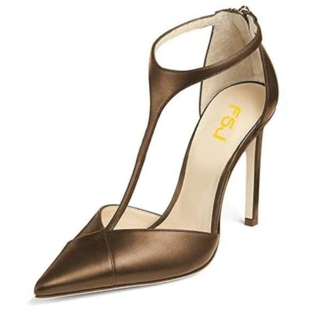 FSJ Women Charm T Strap Sandals Stilettos High Heels Pointed Closed Toe Pumps